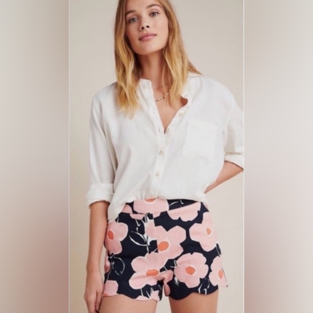 $88 Anthropologie Georgie Scalloped Floral Retro Blue Pink Shorts 0